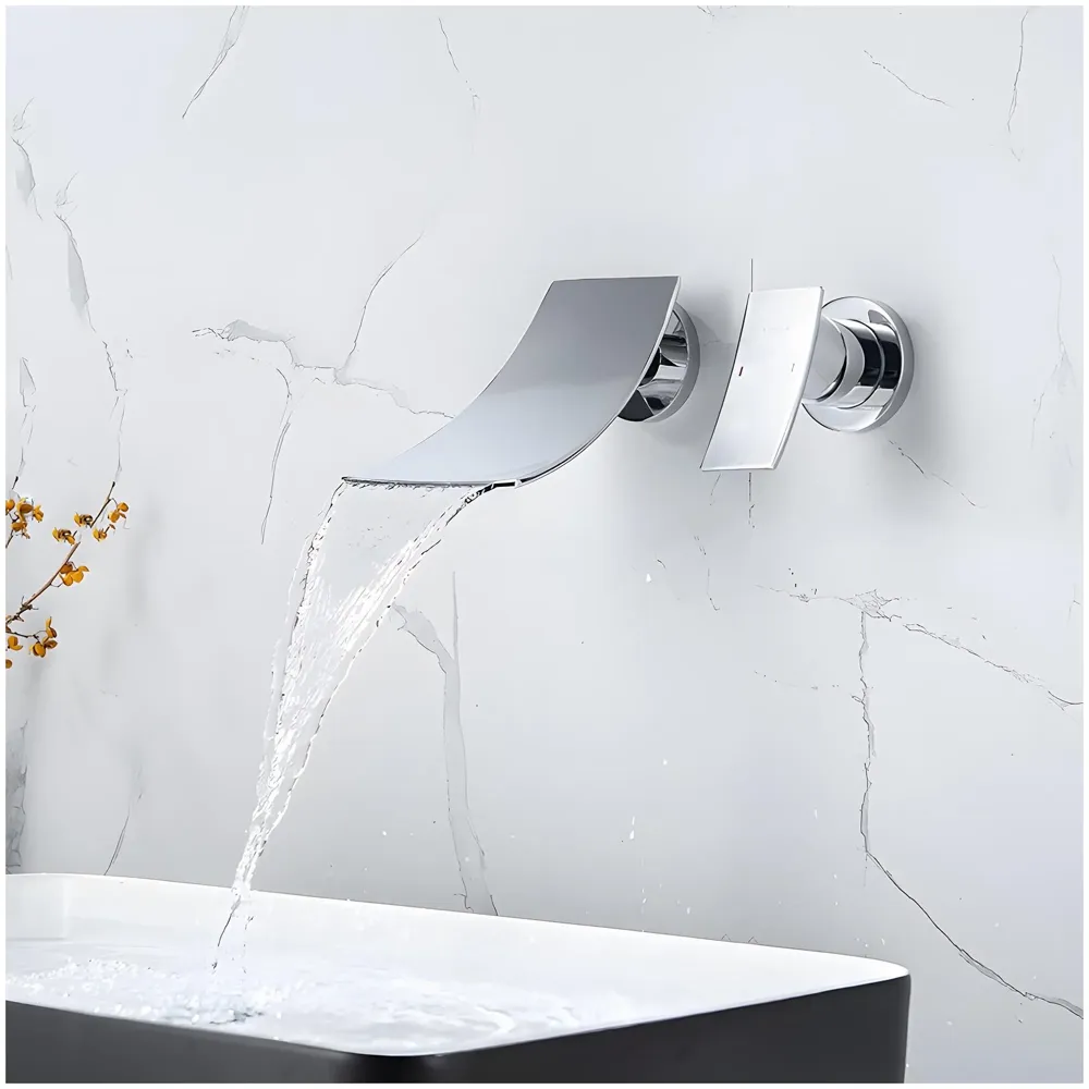 Waterfall Brass Chrome Silver Wall Mixer Hot and Cold Basin Tap Faucet Sink Mixer Chrome Colour wall spout with Concealed Parts