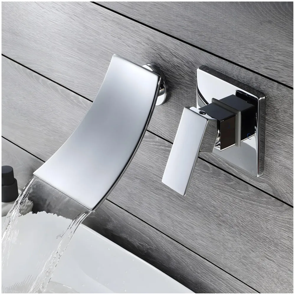 Waterfall Brass Chrome Silver Wall Mixer Hot and Cold Basin Tap Faucet Sink Mixer Chrome Colour wall spout with Concealed Parts