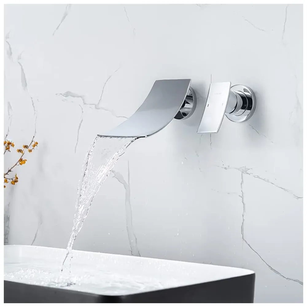 Waterfall Brass Chrome Silver Wall Mixer Hot and Cold Basin Tap Faucet Sink Mixer Chrome Colour wall spout with Concealed Parts