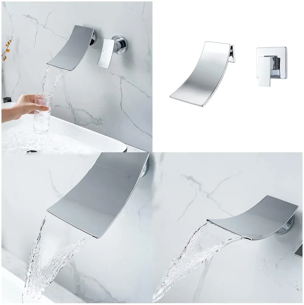 Waterfall Brass Chrome Silver Wall Mixer Hot and Cold Basin Tap Faucet Sink Mixer Chrome Colour wall spout with Concealed Parts