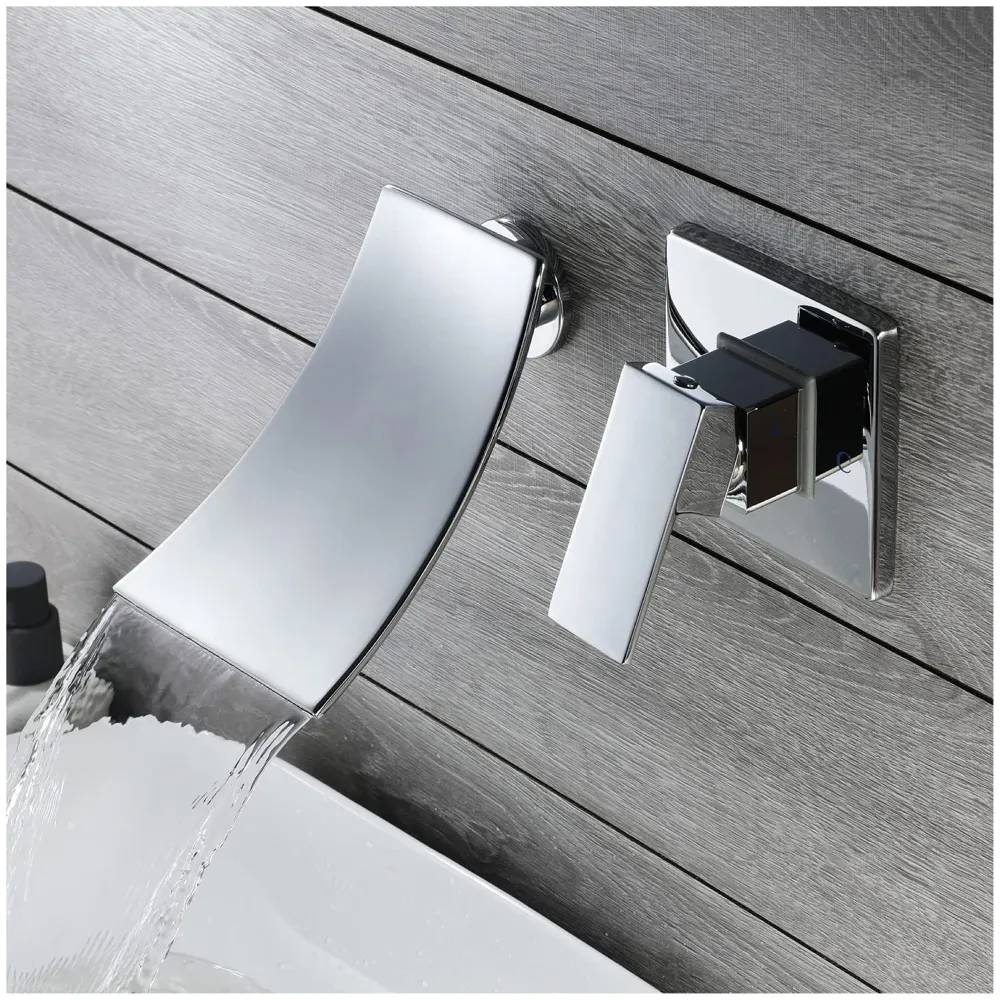 Waterfall Brass Chrome Silver Wall Mixer Hot and Cold Basin Tap Faucet Sink Mixer Chrome Colour wall spout with Concealed Parts
