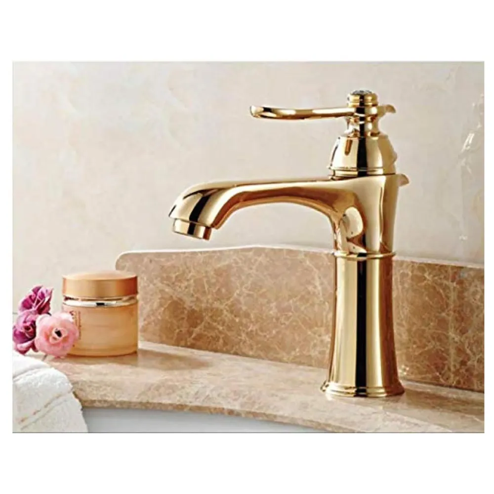 Premium Heavy Single Lever Basin Mixer ~ with 2 Braided Connection Pipes 450mm (Without pop-up) (Arabian Gold)