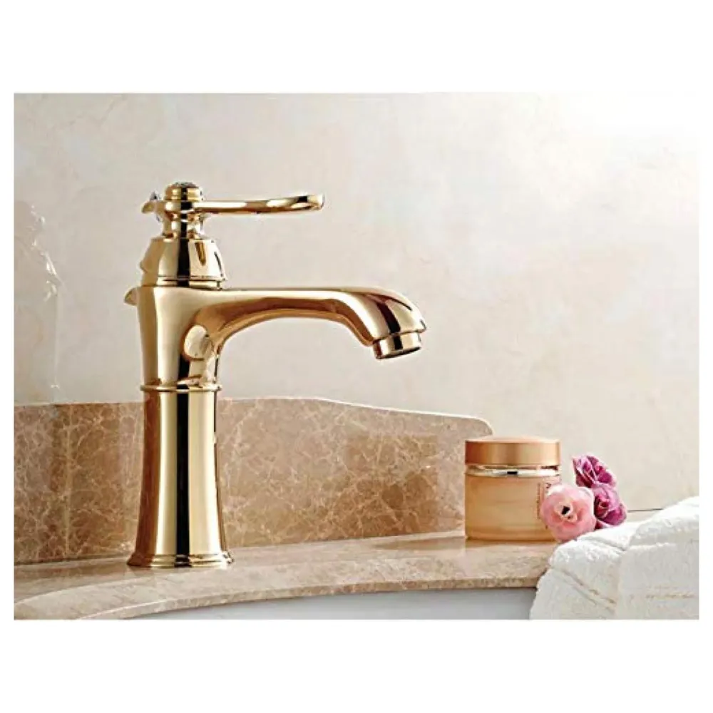 Premium Heavy Single Lever Basin Mixer ~ with 2 Braided Connection Pipes 450mm (Without pop-up) (Arabian Gold)