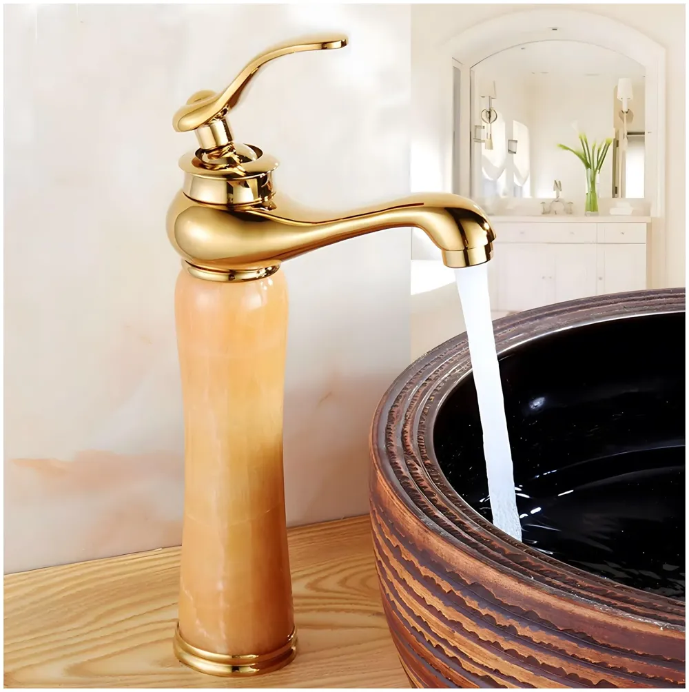 Gold Marble Onyx Basin Tap Mixer Faucet for Bathroom Toilet Wash Basin HOt and Cold Water ~ with 2 Braided Connection Pipes 450mm (Onyx)