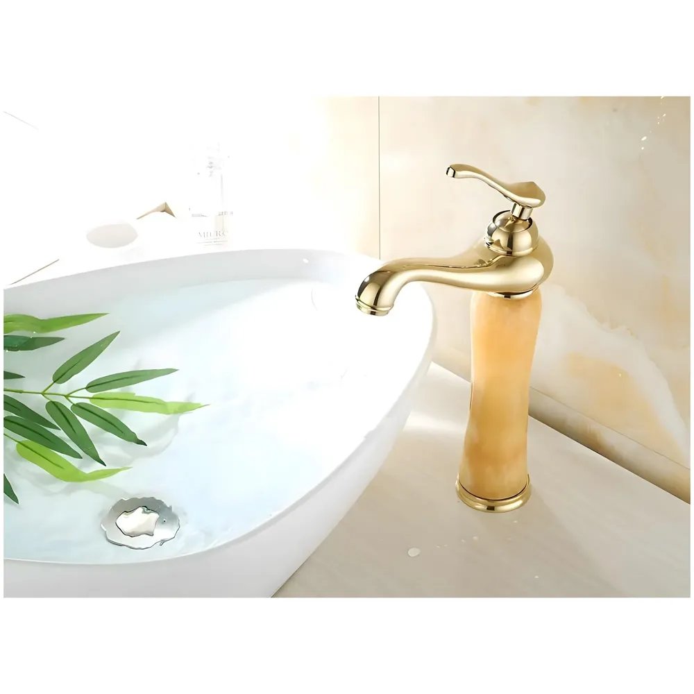 Gold Marble Onyx Basin Tap Mixer Faucet for Bathroom Toilet Wash Basin HOt and Cold Water ~ with 2 Braided Connection Pipes 450mm (Onyx) - 2