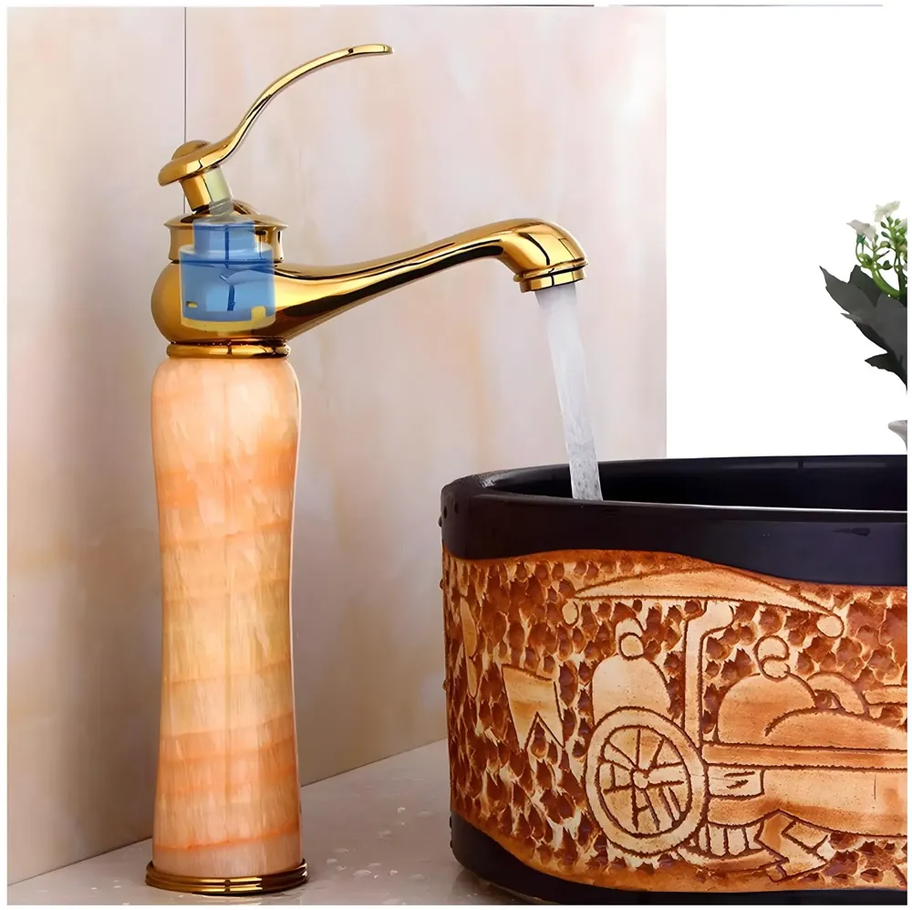 Gold Marble Onyx Basin Tap Mixer Faucet for Bathroom Toilet Wash Basin HOt and Cold Water ~ with 2 Braided Connection Pipes 450mm (Onyx) - 3