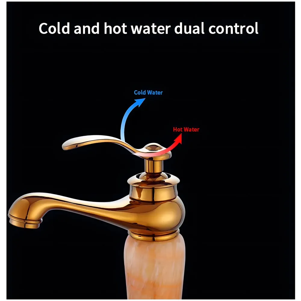 Gold Marble Onyx Basin Tap Mixer Faucet for Bathroom Toilet Wash Basin HOt and Cold Water ~ with 2 Braided Connection Pipes 450mm (Onyx) - 5