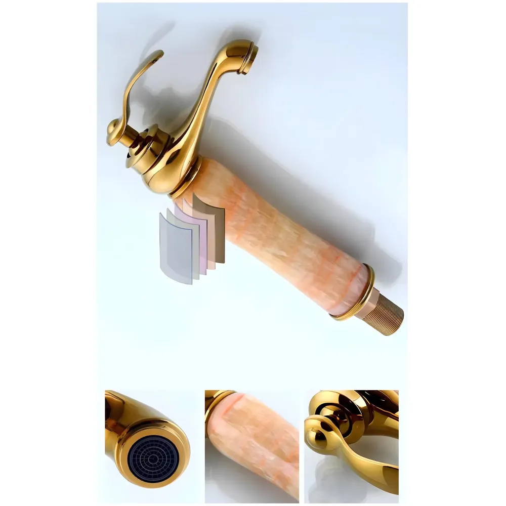 Gold Marble Onyx Basin Tap Mixer Faucet for Bathroom Toilet Wash Basin HOt and Cold Water ~ with 2 Braided Connection Pipes 450mm (Onyx) - 6
