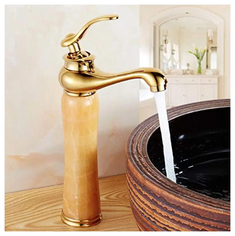 Gold Marble Onyx Basin Tap Mixer Faucet for Bathroom Toilet Wash Basin HOt and Cold Water ~ with 2 Braided Connection Pipes 450mm (Onyx)