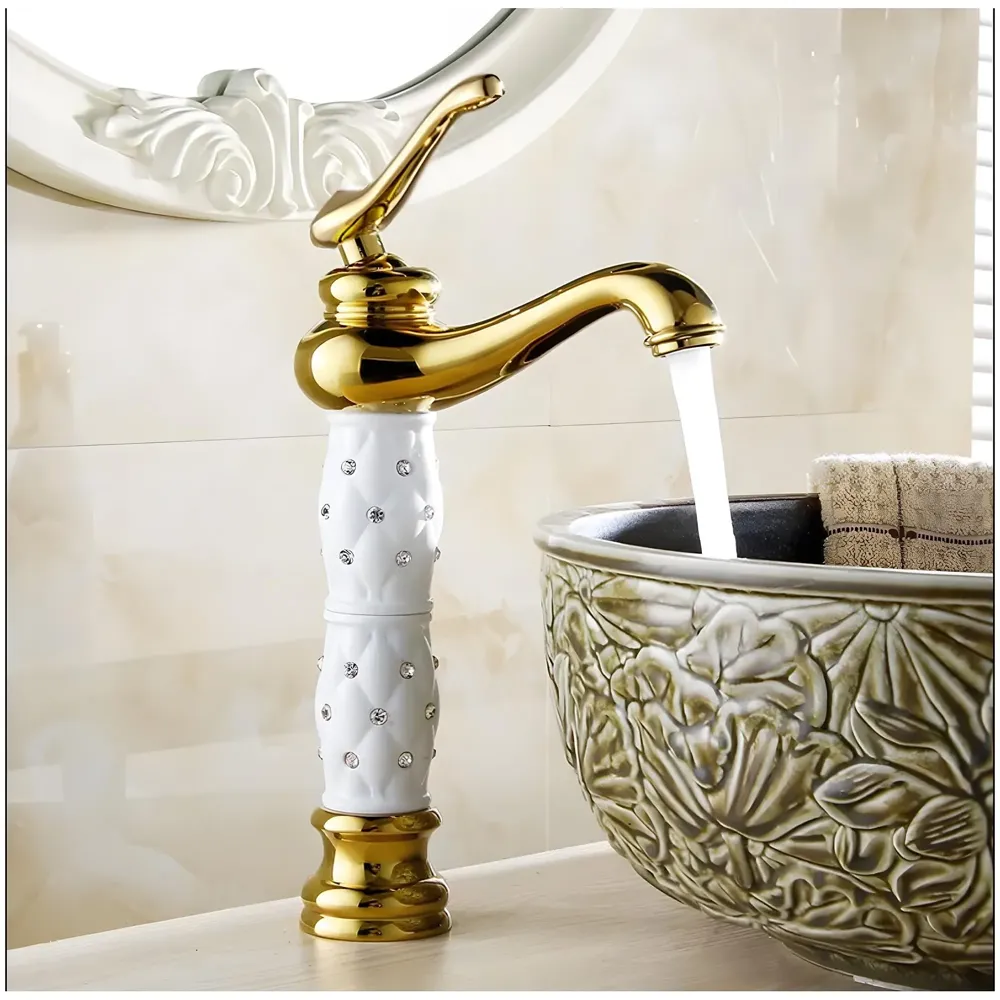 White Gold Basin Tap Faucet Mixer Hot and Cold ~ 28 Cms Height Table Mounted with 2 Braided Connection Pipes 450mm (Without pop-up) (White Diamond) Brass Material