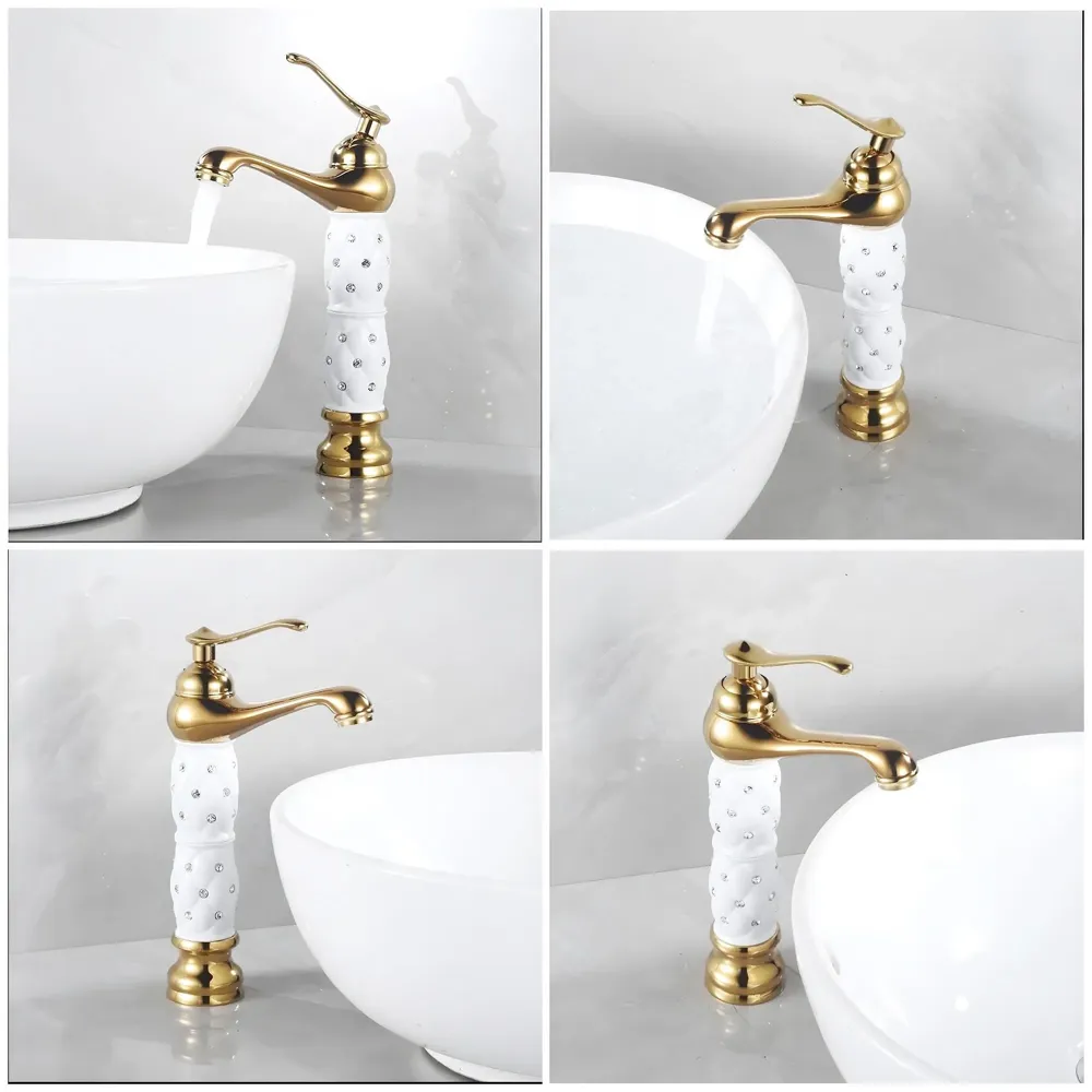 White Gold Basin Tap Faucet Mixer Hot and Cold ~ 28 Cms Height Table Mounted with 2 Braided Connection Pipes 450mm (Without pop-up) (White Diamond) Brass Material