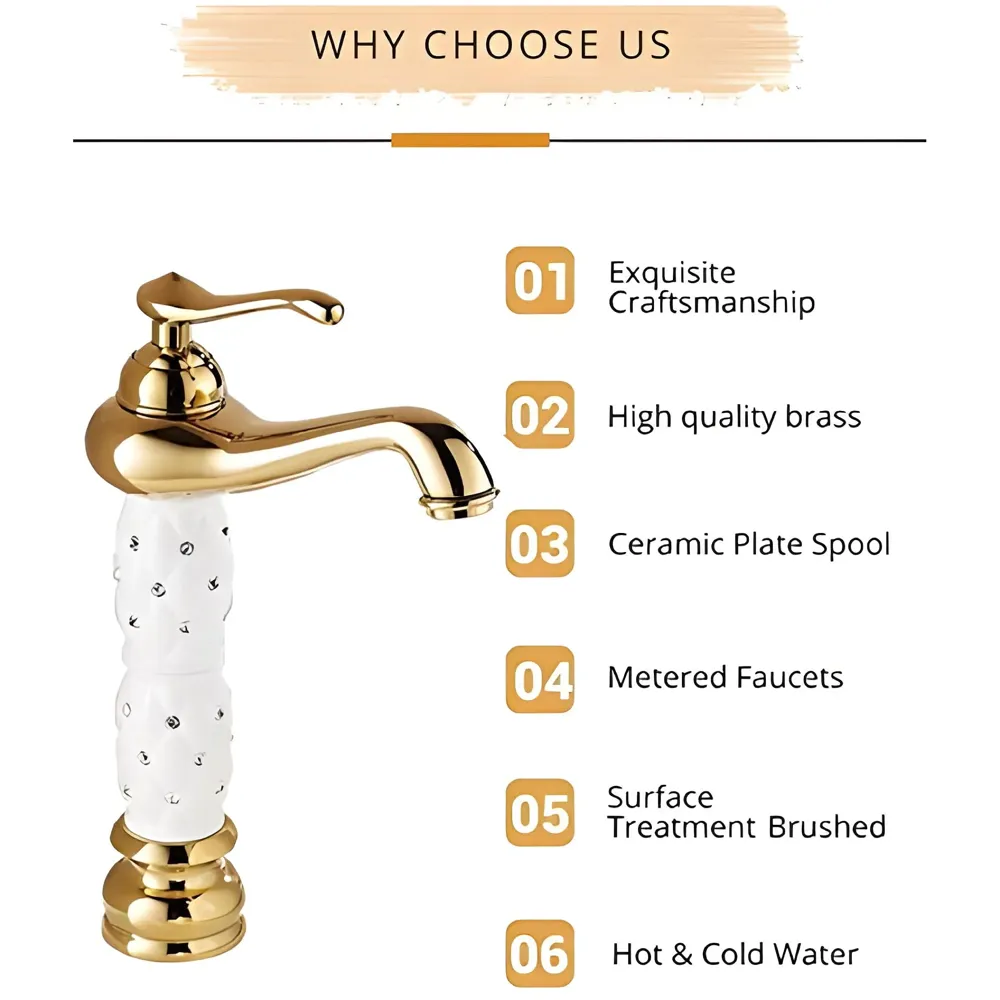 White Gold Basin Tap Faucet Mixer Hot and Cold ~ 28 Cms Height Table Mounted with 2 Braided Connection Pipes 450mm (Without pop-up) (White Diamond) Brass Material