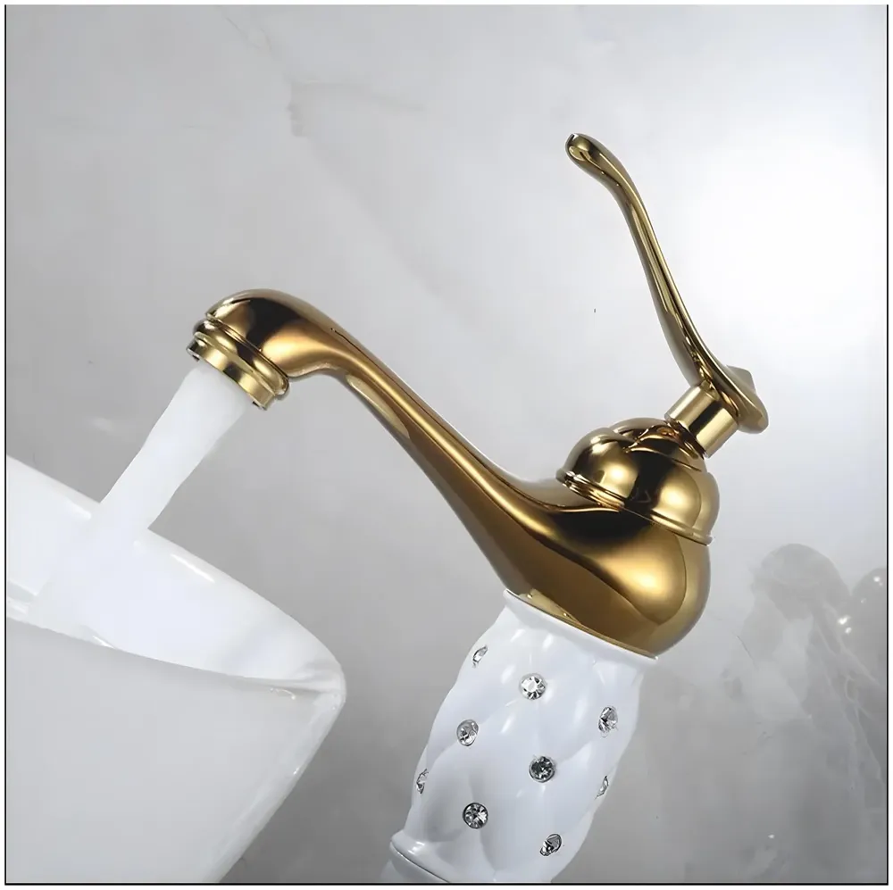 White Gold Basin Tap Faucet Mixer Hot and Cold ~ 28 Cms Height Table Mounted with 2 Braided Connection Pipes 450mm (Without pop-up) (White Diamond) Brass Material