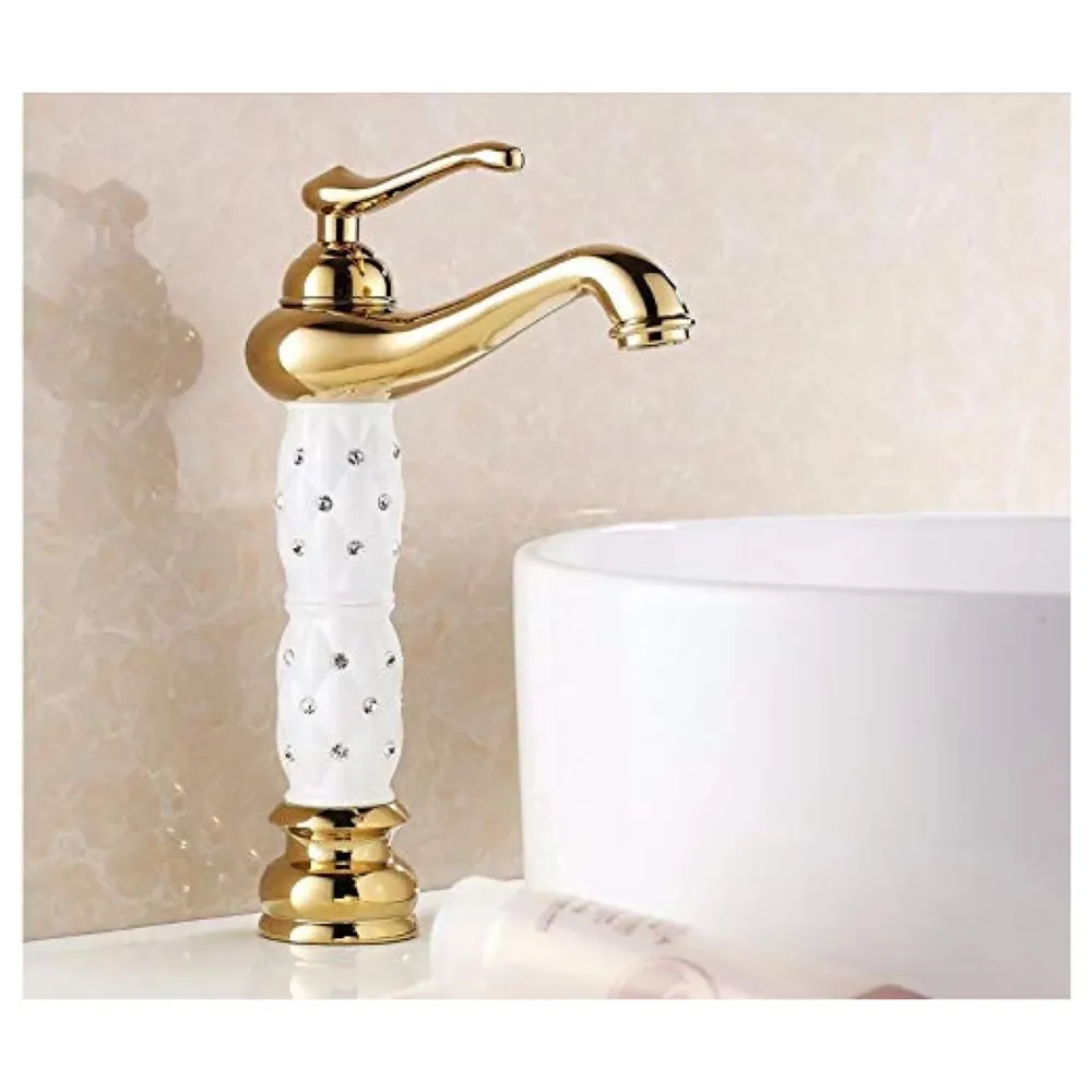 White Gold Basin Tap Faucet Mixer Hot and Cold ~ 28 Cms Height Table Mounted with 2 Braided Connection Pipes 450mm (Without pop-up) (White Diamond) Brass Material