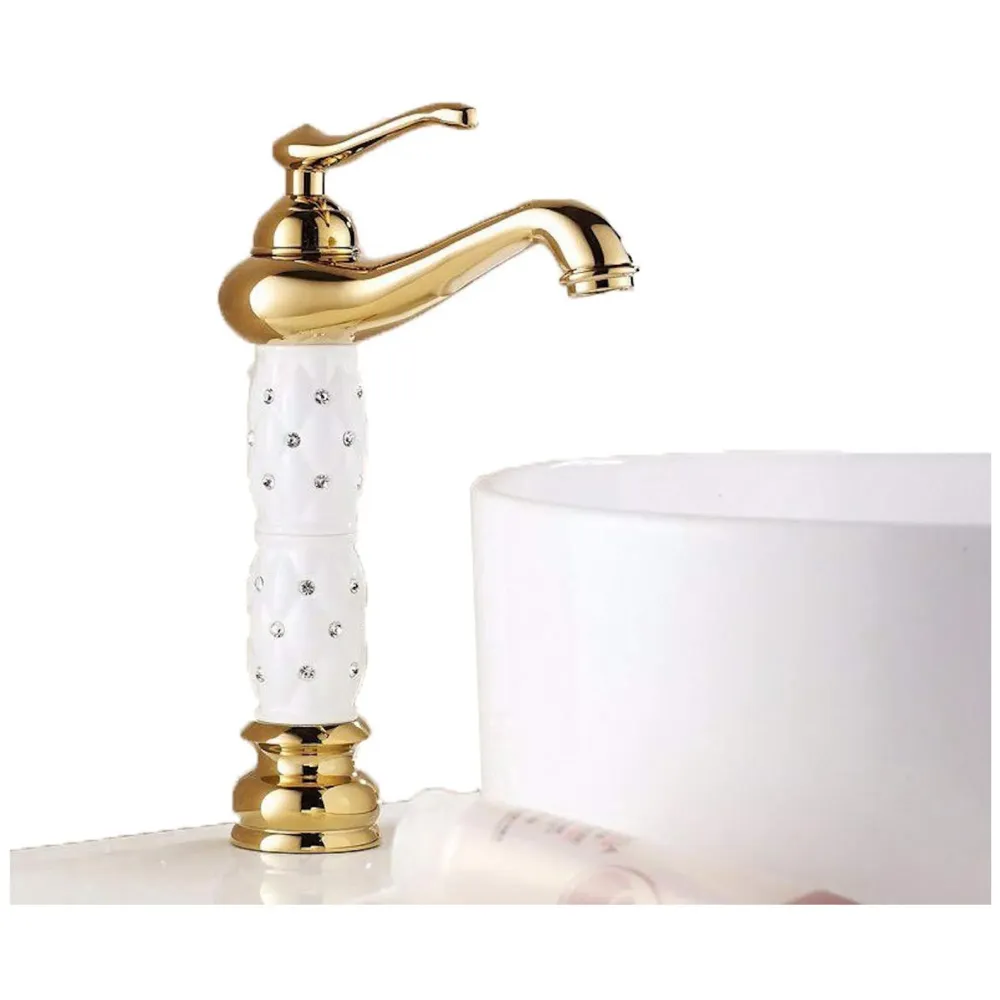 White Gold Basin Tap Faucet Mixer Hot and Cold ~ 28 Cms Height Table Mounted with 2 Braided Connection Pipes 450mm (Without pop-up) (White Diamond) Brass Material