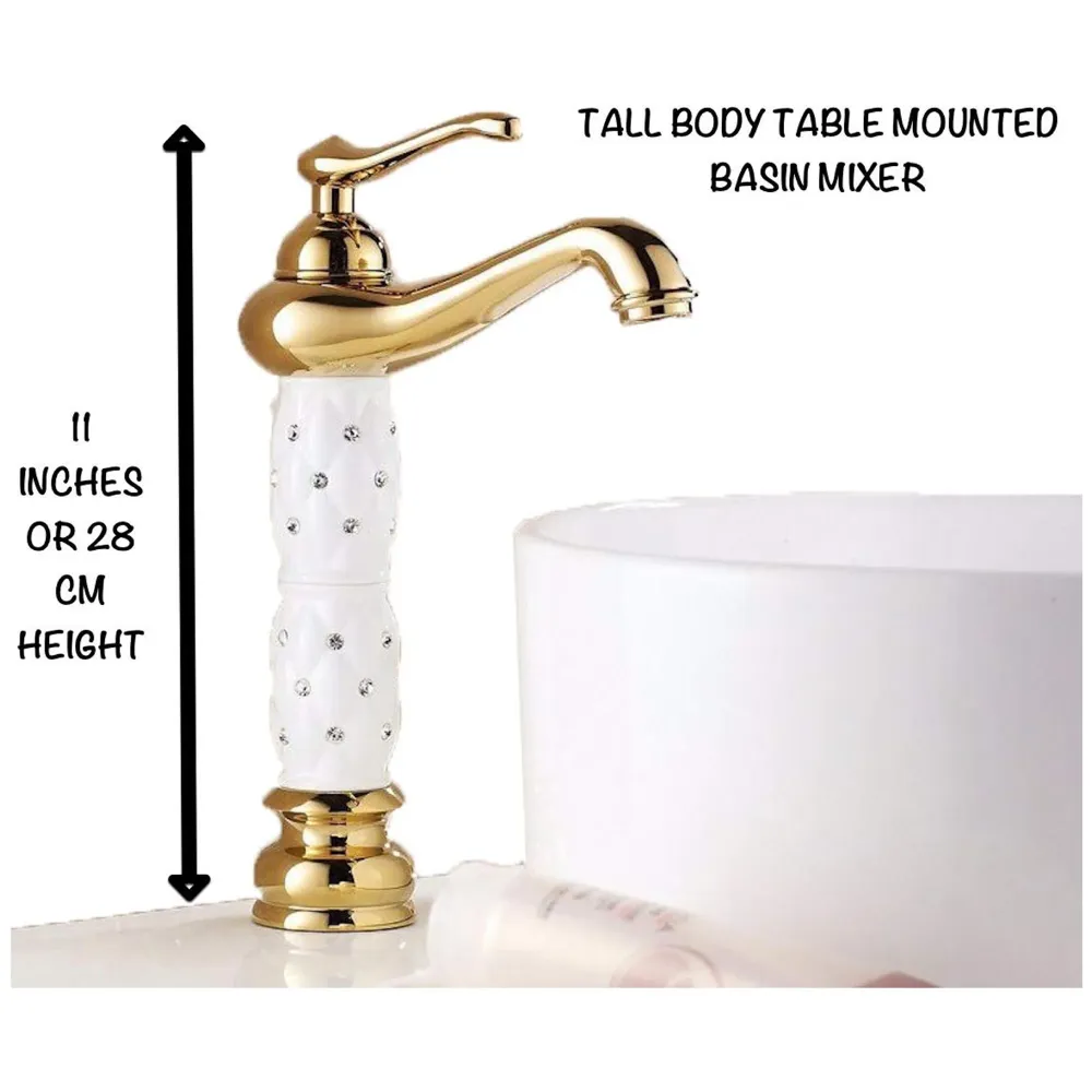 White Gold Basin Tap Faucet Mixer Hot and Cold ~ 28 Cms Height Table Mounted with 2 Braided Connection Pipes 450mm (Without pop-up) (White Diamond) Brass Material