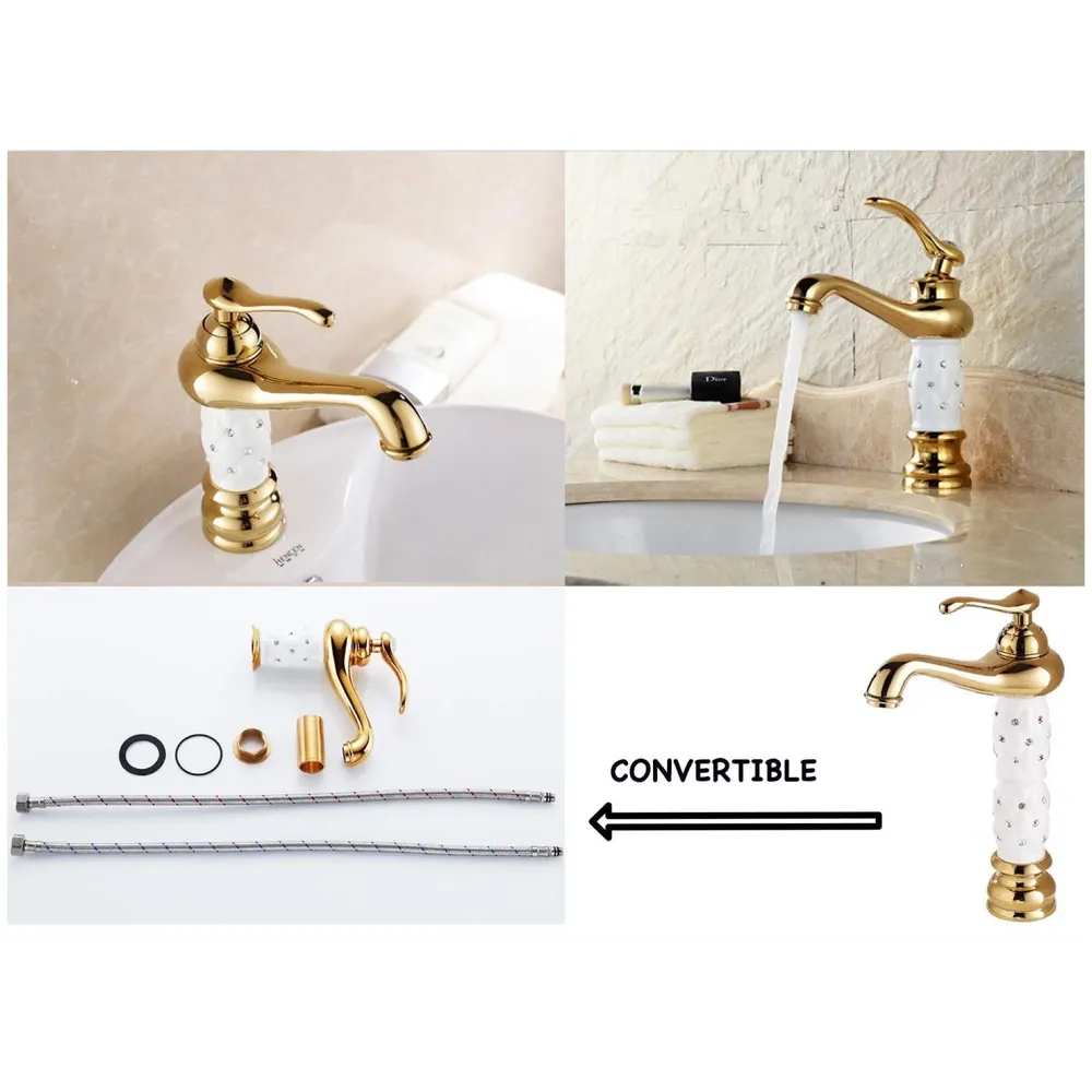 White Gold Basin Tap Faucet Mixer Hot and Cold ~ 28 Cms Height Table Mounted with 2 Braided Connection Pipes 450mm (Without pop-up) (White Diamond) Brass Material