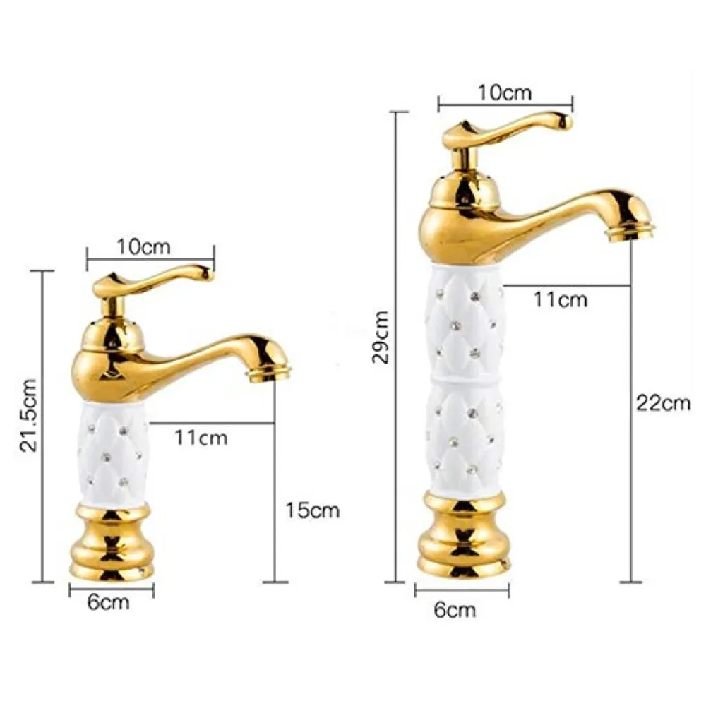 White Gold Basin Tap Faucet Mixer Hot and Cold ~ 28 Cms Height Table Mounted with 2 Braided Connection Pipes 450mm (Without pop-up) (White Diamond) Brass Material