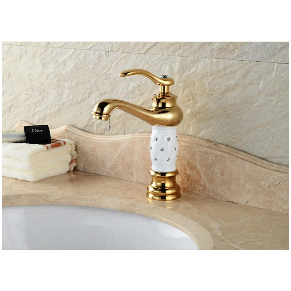 White Gold Basin Tap Faucet Mixer Hot and Cold ~ 28 Cms Height Table Mounted with 2 Braided Connection Pipes 450mm (Without pop-up) (White Diamond) Brass Material
