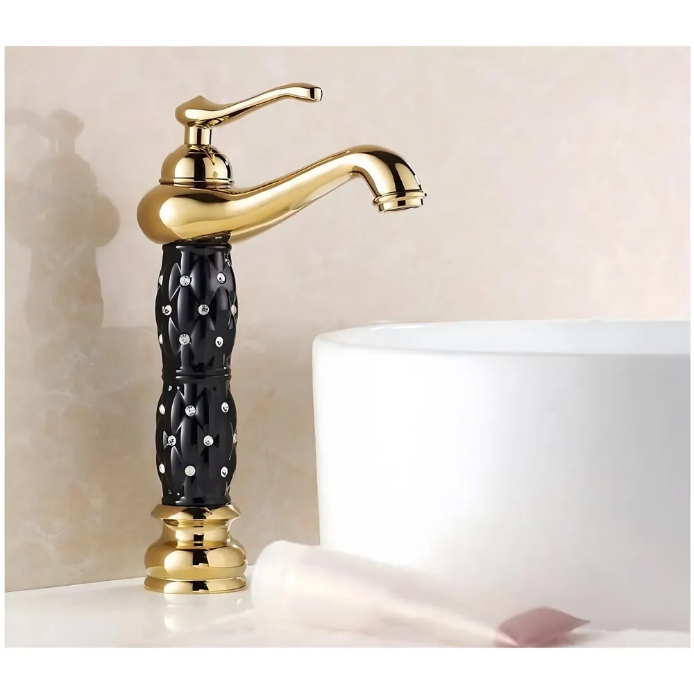 Black Gold Basin Tap Faucet Mixer ~ 28 Cms Height Table Mounted with 2 Braided Connection Pipes 450mm(Without pop-up) (Black Diamond)