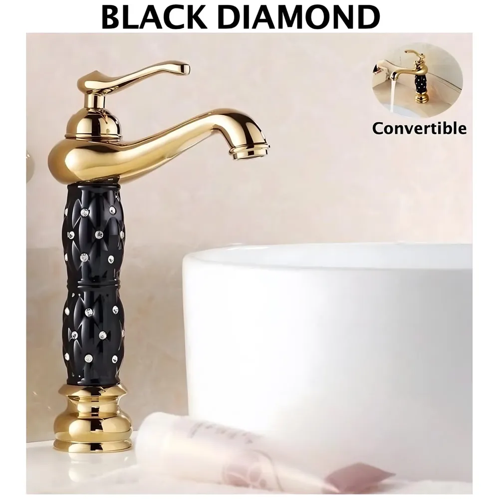 Black Gold Basin Tap Faucet Mixer ~ 28 Cms Height Table Mounted with 2 Braided Connection Pipes 450mm(Without pop-up) (Black Diamond)