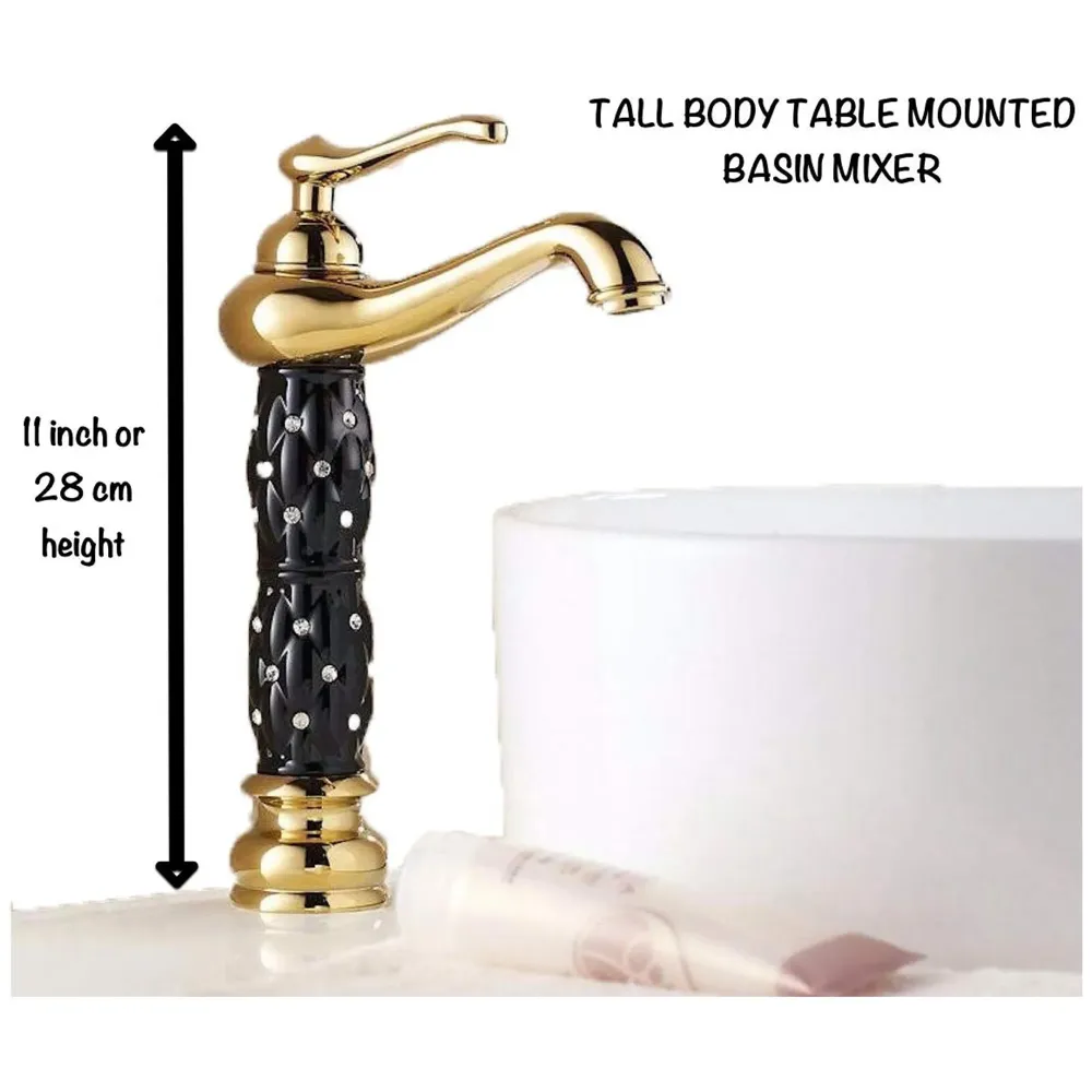 Black Gold Basin Tap Faucet Mixer ~ 28 Cms Height Table Mounted with 2 Braided Connection Pipes 450mm(Without pop-up) (Black Diamond)