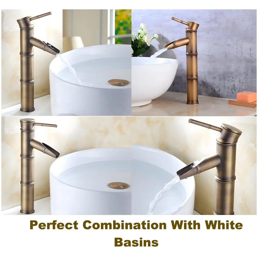 Waterfall Bamboo Bathroom Basin Mixer Basin tap washbasin tap Faucet Brass 12 inch Height. Hot and Cold Water