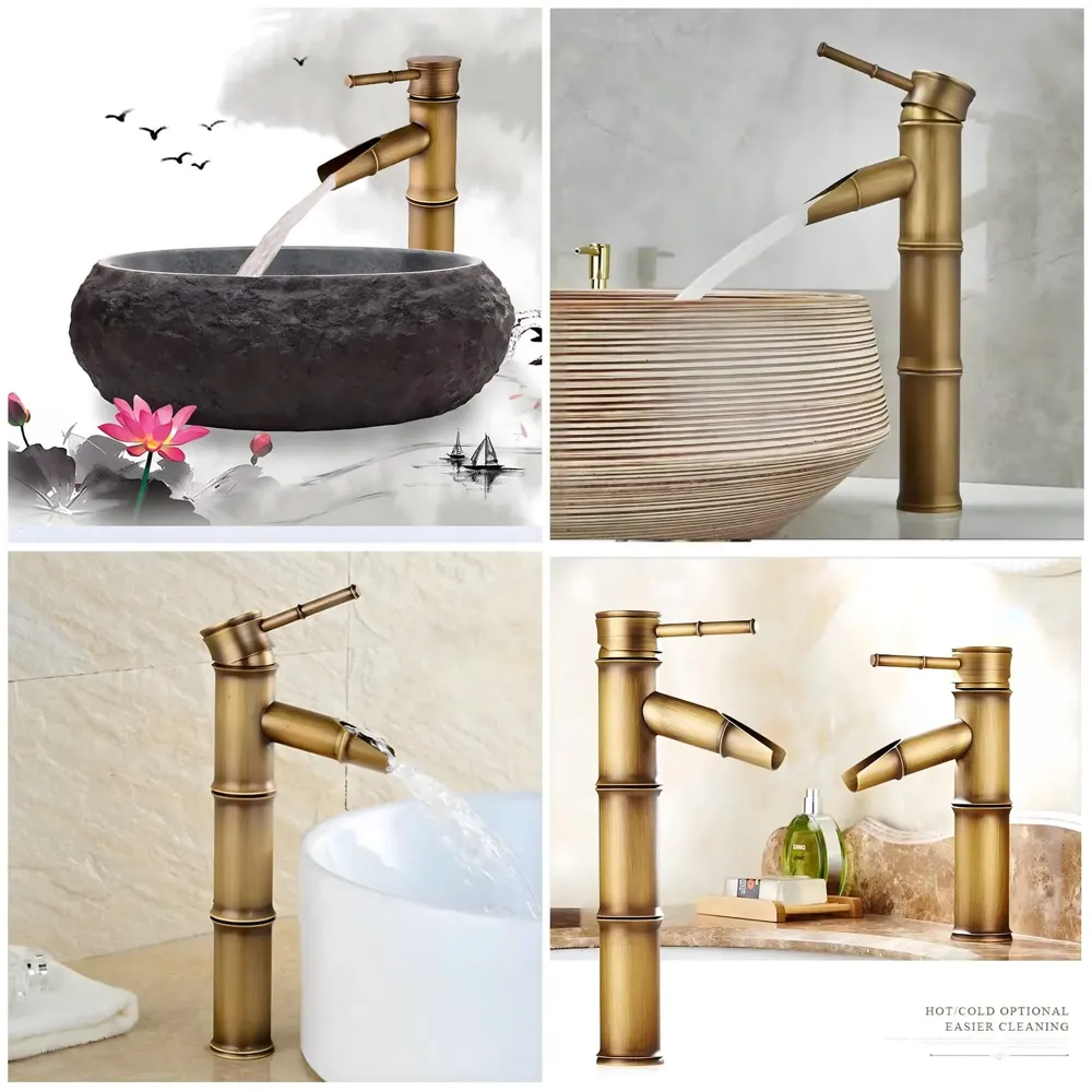 Waterfall Bamboo Bathroom Basin Mixer Basin tap washbasin tap Faucet Brass 12 inch Height. Hot and Cold Water