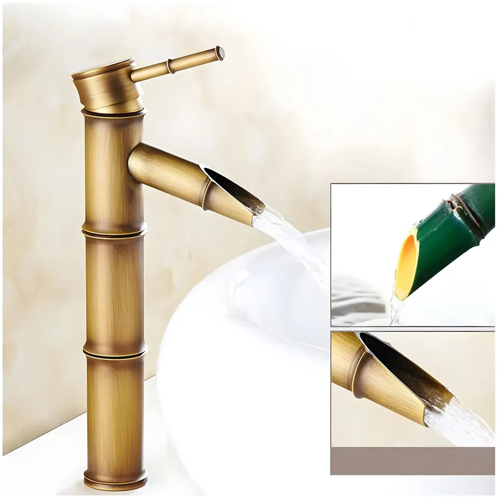 Waterfall Bamboo Bathroom Basin Mixer Basin tap washbasin tap Faucet Brass 12 inch Height. Hot and Cold Water