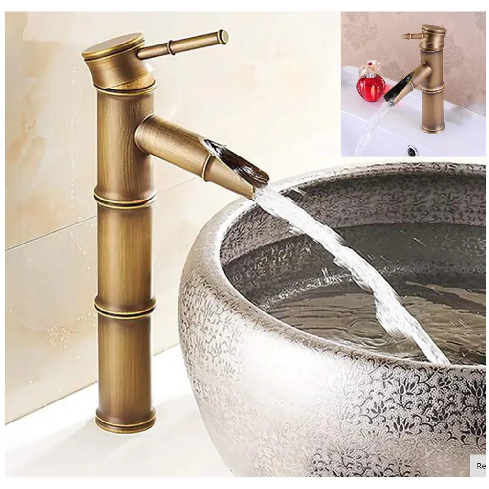 Waterfall Bamboo Bathroom Basin Mixer Basin tap washbasin tap Faucet Brass 12 inch Height. Hot and Cold Water