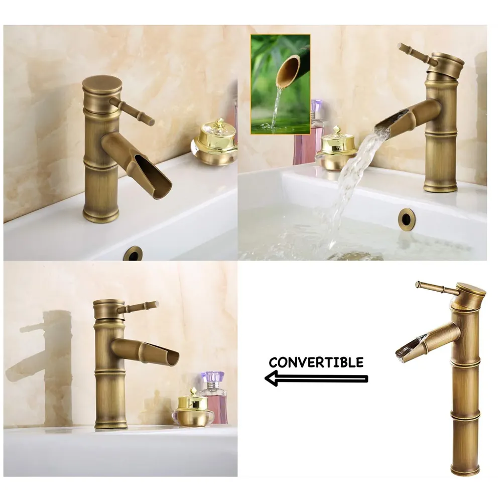 Waterfall Bamboo Bathroom Basin Mixer Basin tap washbasin tap Faucet Brass 12 inch Height. Hot and Cold Water