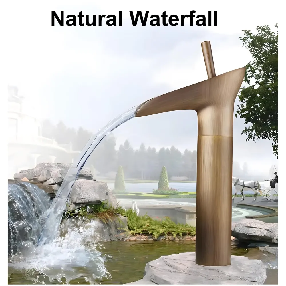 Copper Antique Brown Basin Mixer Faucet Tap Waterfall 12 inches Height, Hot and Cold, for Bathroom, Toilet Wash Basins, Antique Design