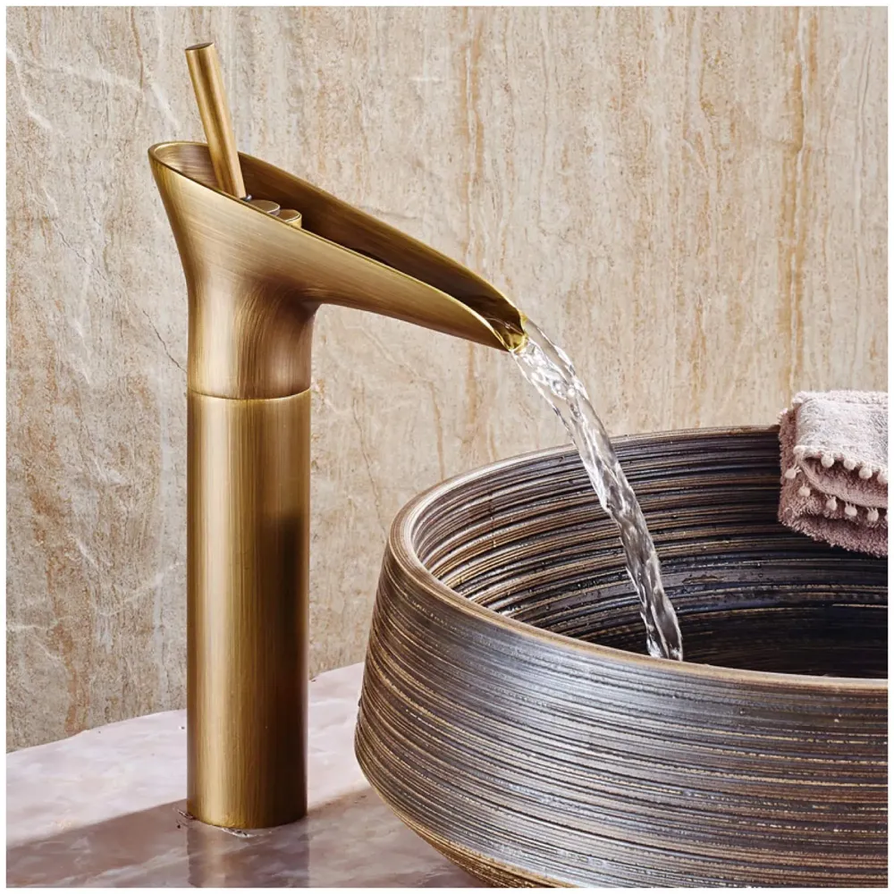 Copper Antique Brown Basin Mixer Faucet Tap Waterfall 12 inches Height, Hot and Cold, for Bathroom, Toilet Wash Basins, Antique Design