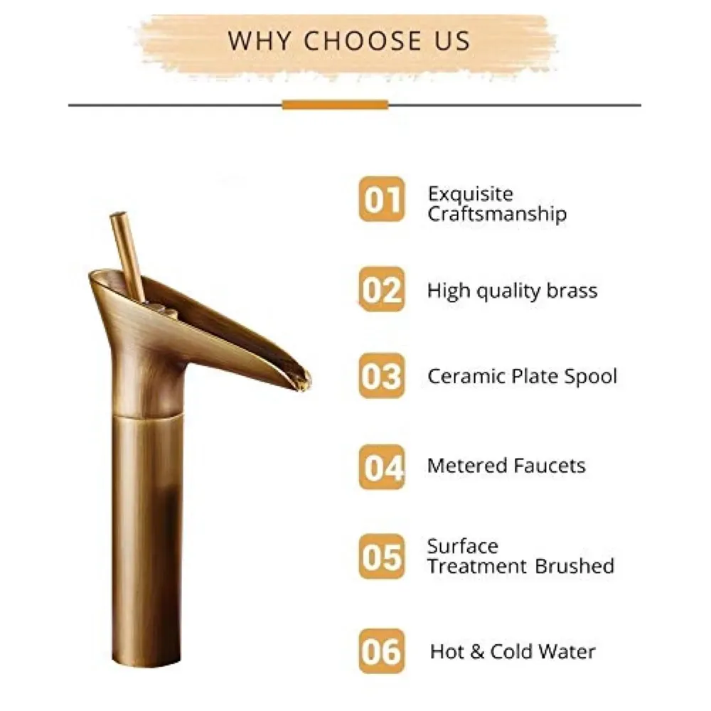 Copper Antique Brown Basin Mixer Faucet Tap Waterfall 12 inches Height, Hot and Cold, for Bathroom, Toilet Wash Basins, Antique Design