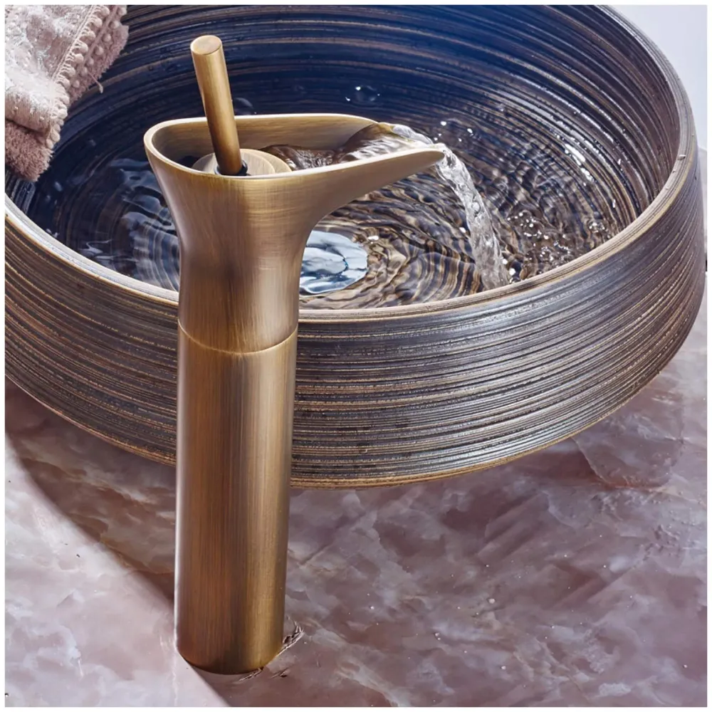 Copper Antique Brown Basin Mixer Faucet Tap Waterfall 12 inches Height, Hot and Cold, for Bathroom, Toilet Wash Basins, Antique Design