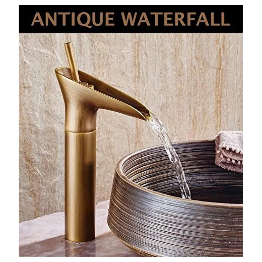 Copper Antique Brown Basin Mixer Faucet Tap Waterfall 12 inches Height, Hot and Cold, for Bathroom, Toilet Wash Basins, Antique Design