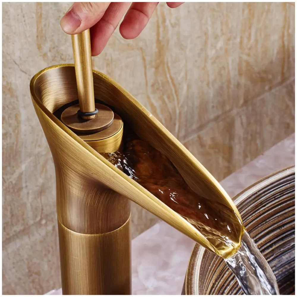 Copper Antique Brown Basin Mixer Faucet Tap Waterfall 12 inches Height, Hot and Cold, for Bathroom, Toilet Wash Basins, Antique Design