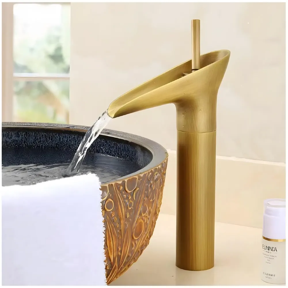 Copper Antique Brown Basin Mixer Faucet Tap Waterfall 12 inches Height, Hot and Cold, for Bathroom, Toilet Wash Basins, Antique Design