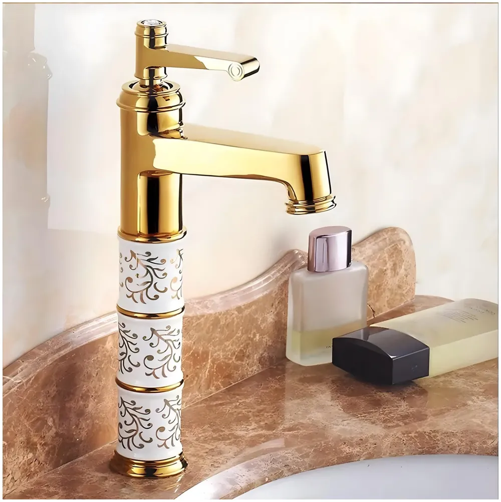 Gold White Basin Mixer Faucet Tap Hot and Cold 12 Inch Height, Golden Colour, Brass for Bathroom Toilet Wash Basins - 30 cm Height