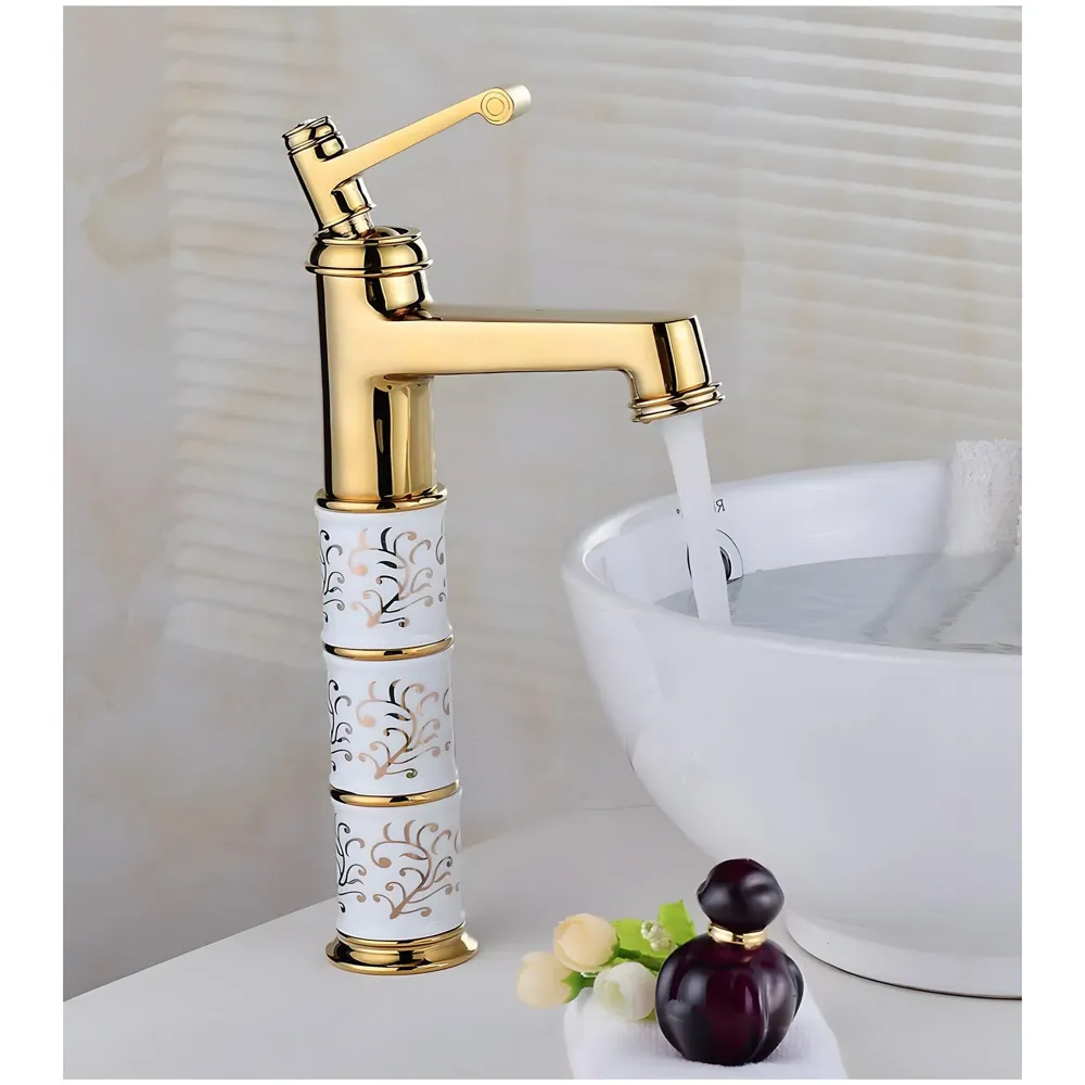 Gold White Basin Mixer Faucet Tap Hot and Cold 12 Inch Height, Golden Colour, Brass for Bathroom Toilet Wash Basins - 30 cm Height