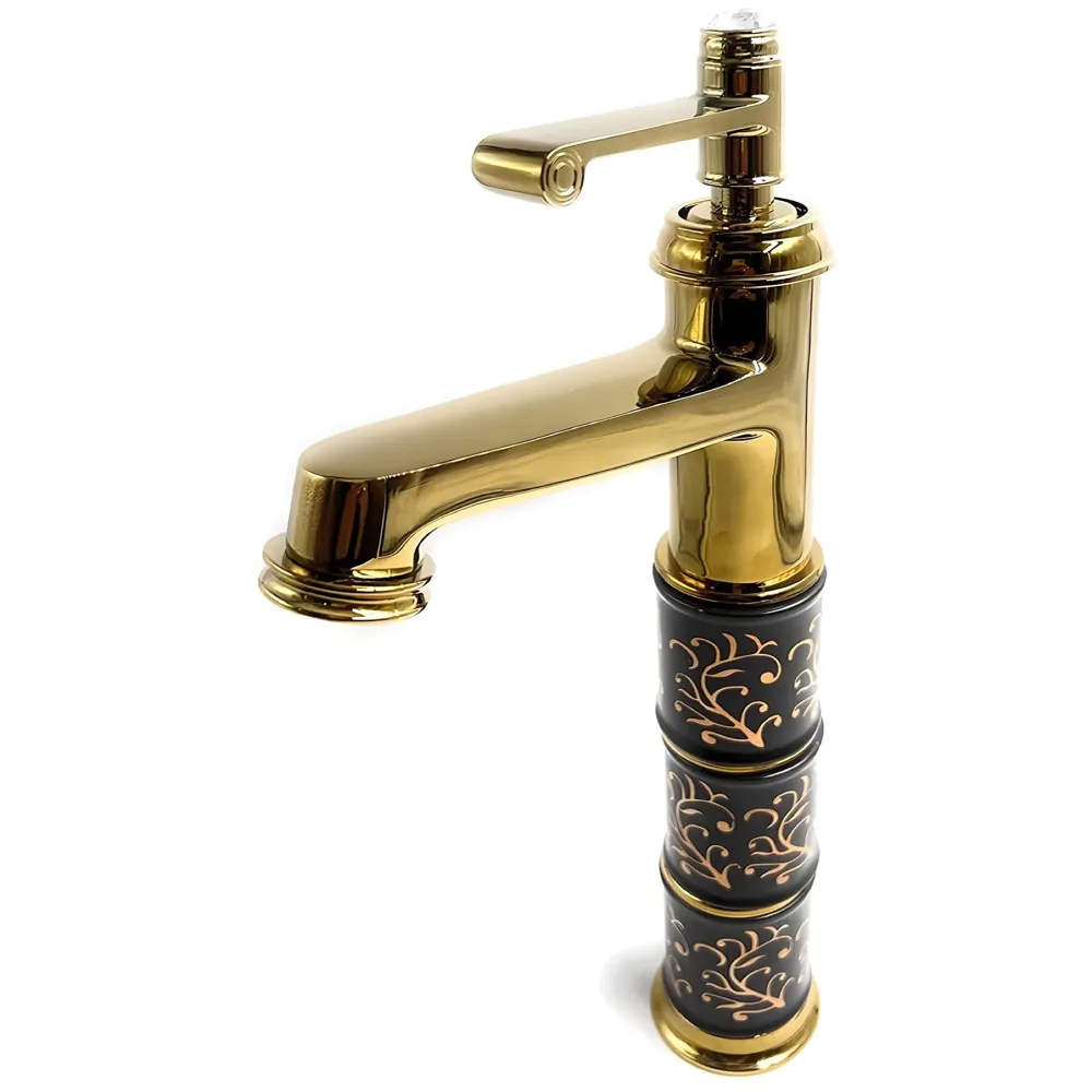 Brass Black Gold Basin Tap Faucet Mixer for Bathroom Toilet Wash Basins Hot and Cold Water Faucet Sink Mixer Golden Colour Aura Florina Tall Body 12 Inches