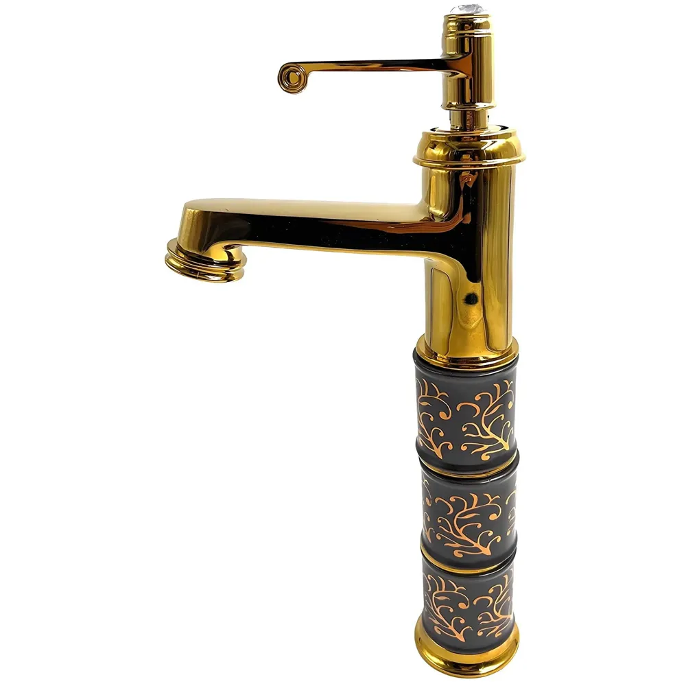 Brass Black Gold Basin Tap Faucet Mixer for Bathroom Toilet Wash Basins Hot and Cold Water Faucet Sink Mixer Golden Colour Aura Florina Tall Body 12 Inches - 2