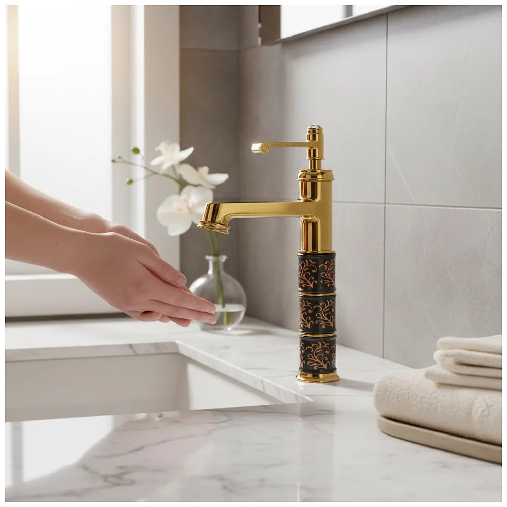 Brass Black Gold Basin Tap Faucet Mixer for Bathroom Toilet Wash Basins Hot and Cold Water Faucet Sink Mixer Golden Colour Aura Florina Tall Body 12 Inches
