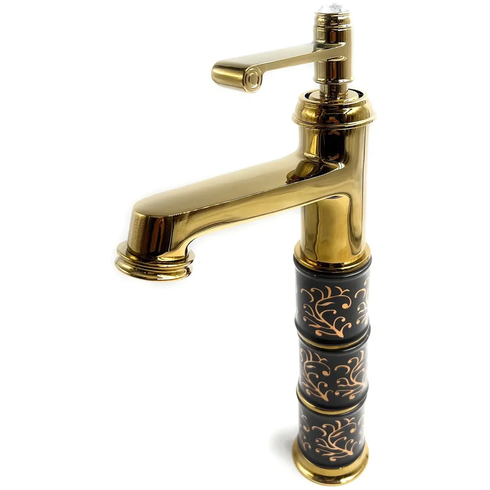 Brass Black Gold Basin Tap Faucet Mixer for Bathroom Toilet Wash Basins Hot and Cold Water Faucet Sink Mixer Golden Colour Aura Florina Tall Body 12 Inches