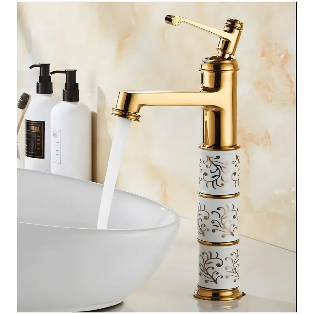 Brass Gold White Flower Mixer Hot and Cold Basin Tap Faucet Sink Mixer Golden Colour Aura Florina (Tall Body 12 Inches) for Bathroom Toilet Wash Basins