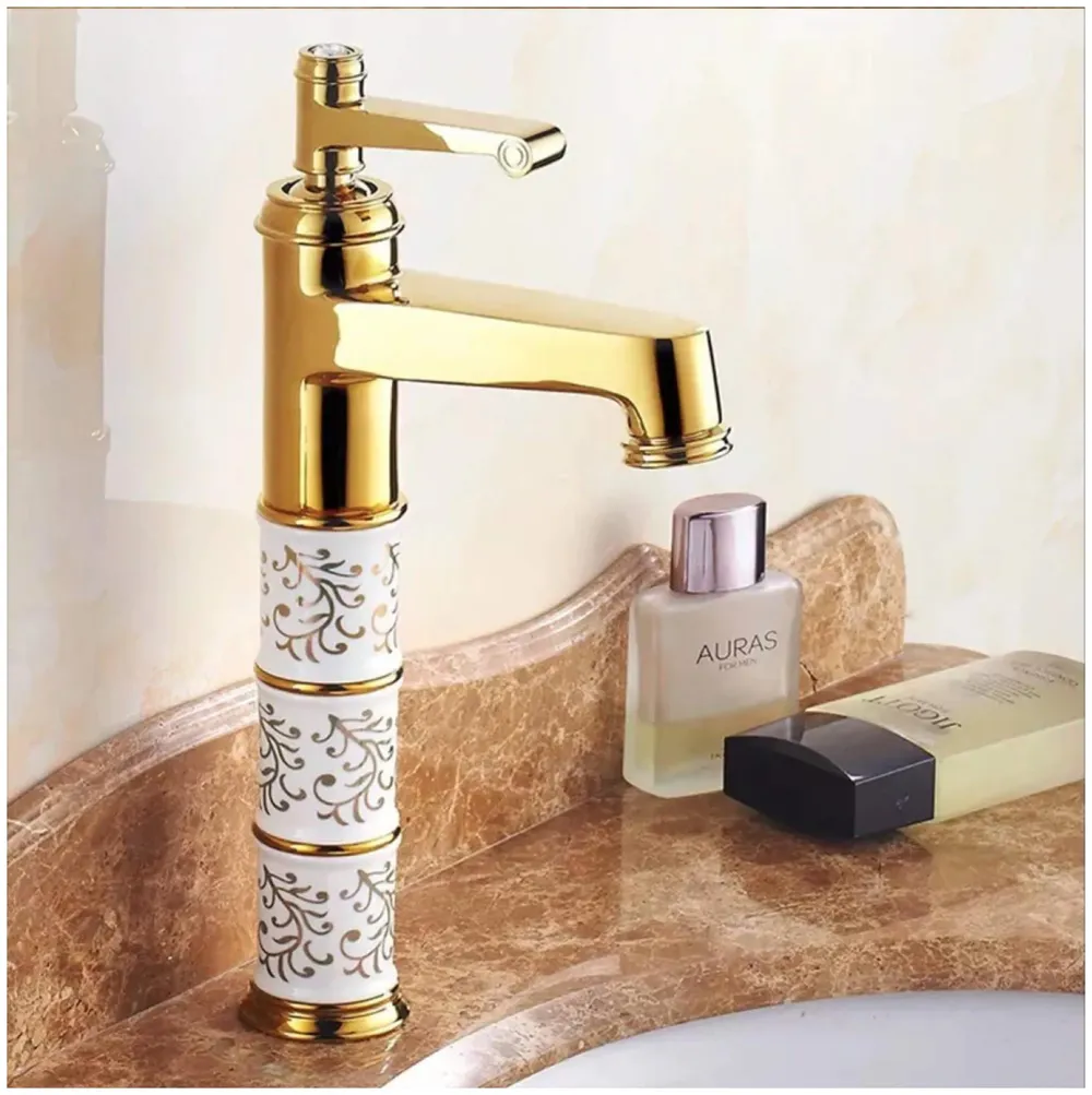 Gold White Basin Mixer Faucet Tap Hot and Cold 12 Inch Height, Golden Colour, Brass for Bathroom Toilet Wash Basins - 30 cm Height