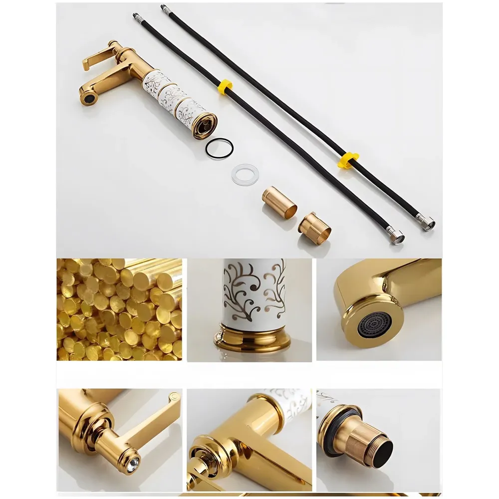 Gold White Basin Mixer Faucet Tap Hot and Cold 12 Inch Height, Golden Colour, Brass for Bathroom Toilet Wash Basins - 30 cm Height