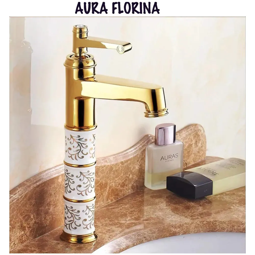 Gold White Basin Mixer Faucet Tap Hot and Cold 12 Inch Height, Golden Colour, Brass for Bathroom Toilet Wash Basins - 30 cm Height