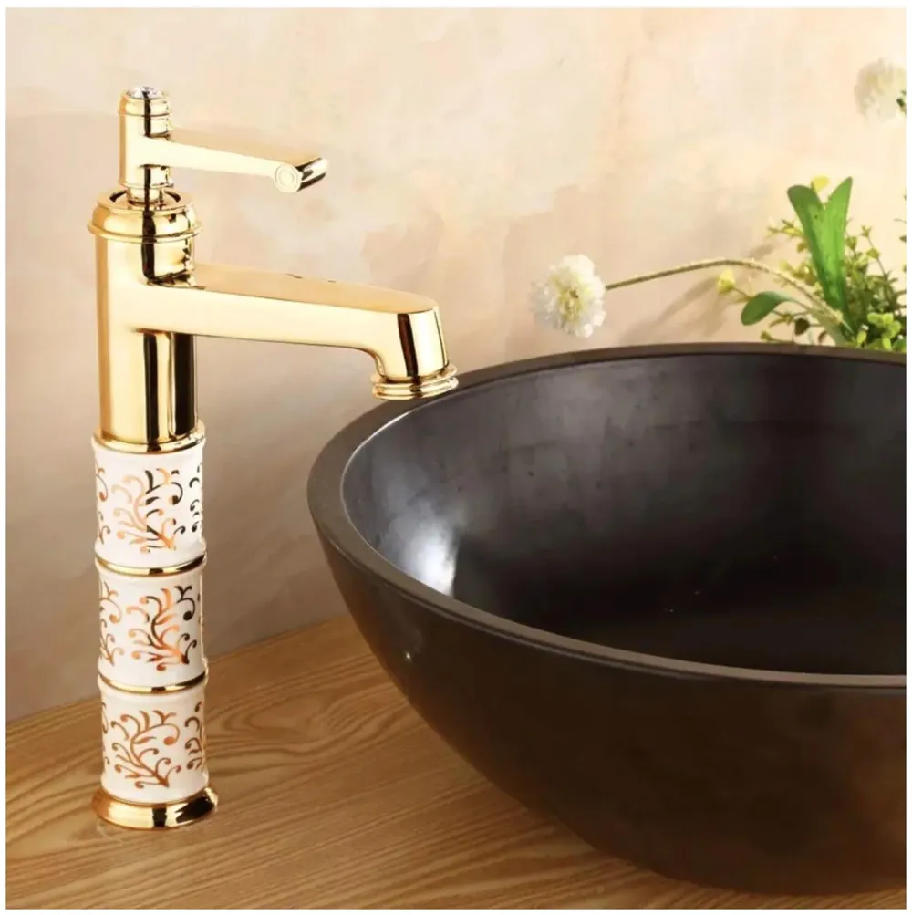 Brass Gold White Flower Mixer Hot and Cold Basin Tap Faucet Sink Mixer Golden Colour Aura Florina (Tall Body 12 Inches) for Bathroom Toilet Wash Basins