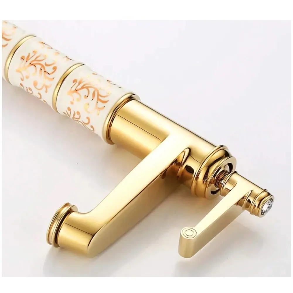 Brass Gold White Flower Mixer Hot and Cold Basin Tap Faucet Sink Mixer Golden Colour Aura Florina (Tall Body 12 Inches) for Bathroom Toilet Wash Basins